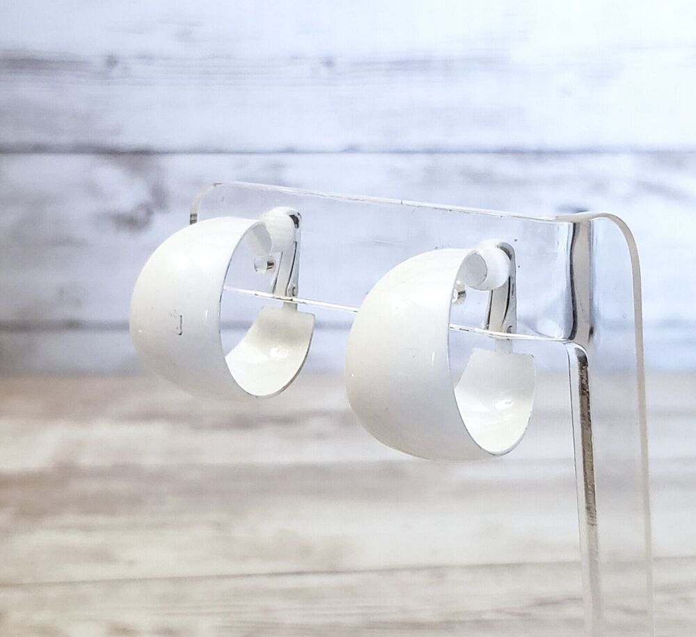 Vintage Clip On Earrings - Retro Hoops Chunky White Hoops Just Under 1"
